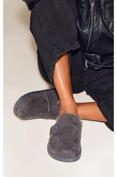 Charcoal Faux Suede Faux Fur Lined Buckle Mules