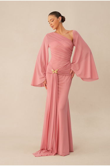 All About Her Pink One Shoulder Butterfly Brooch Maxi Dress