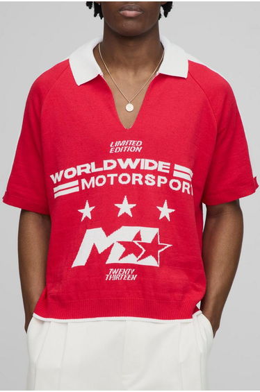 Worldwide Oversized Boxy Moto Jacquard Knitted Polo - red
