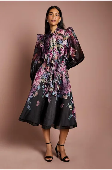 Long Sleeve Frill Trim Organza Blouse With Tie Neck
