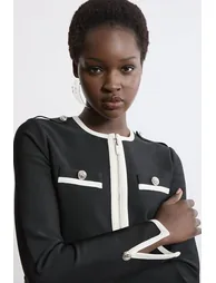 Figure Form Bandage Military Contrast Piping Knit Split Hem Jacket - 2