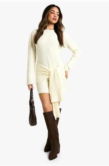 Soft Cable Oversized Tie Detail Knitted Mini Dress - cream