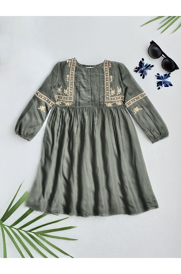 Embroidered Balloon Sleeves Knee-Length Dress