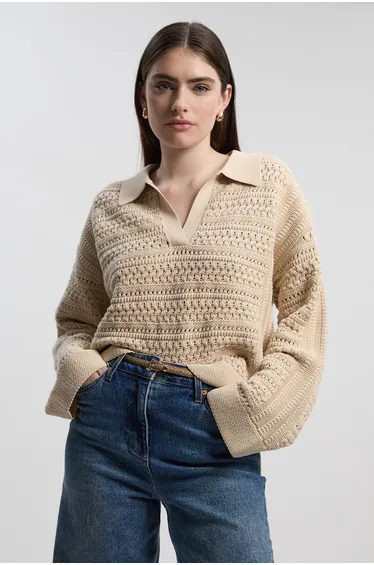 Cotton Collared V Neck Knitted Jumper
