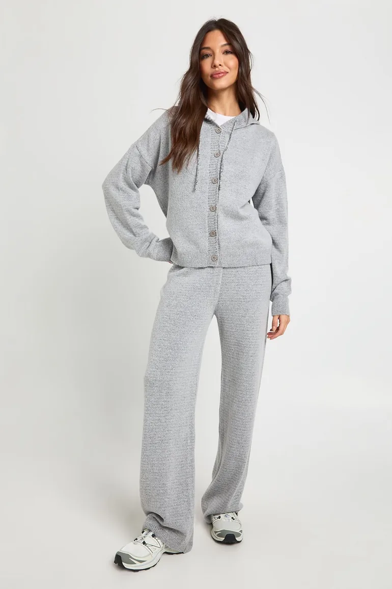Knitted Oversized  Button Through Hoody and Wide Leg Trouser - grey