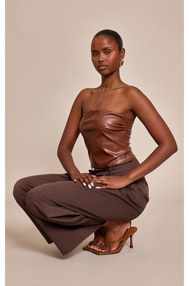 Tan Faux Leather Fitted Bandeau Top