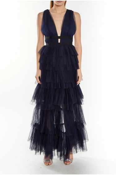 True Decadence Navy Chiffon A-Line Maxi Skater Dress with Ruffles