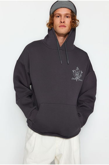 Anthracite Oversize/Wide Cut Hooded Floral Printed Fleece Sweatshirt