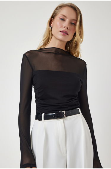 Women's Black Gathered Detailed Sheer Chiffon Blouse