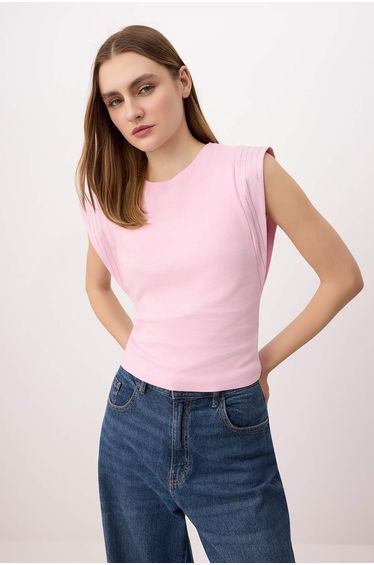 Pink Regular/Normal Fit Sleeveless Accessory Detail Tok 100% Cotton Knitted T-Shirt