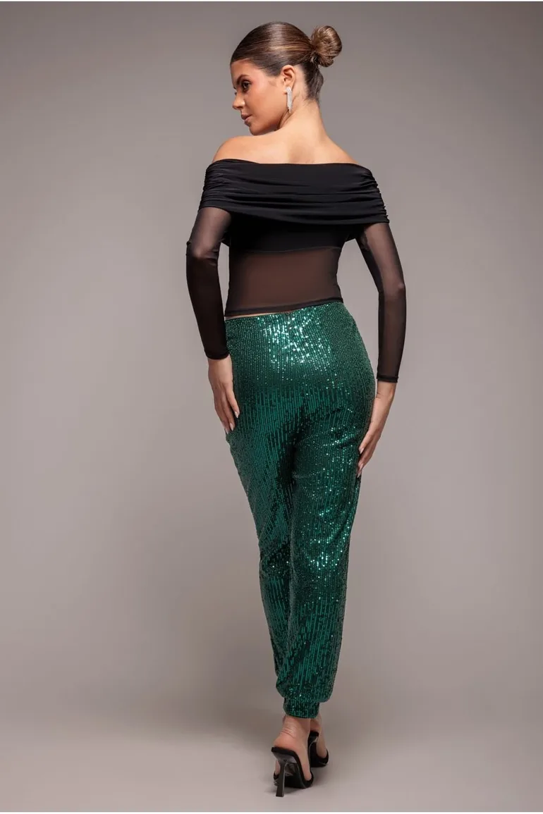 Goddiva Sequin Cuffed Ankle Trouser - Emerald - 1