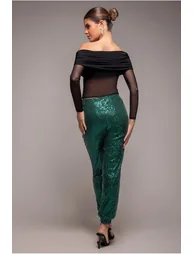 Goddiva Sequin Cuffed Ankle Trouser - Emerald - 1