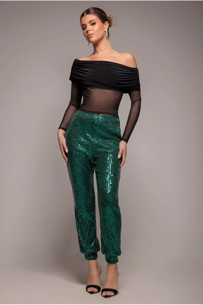 Goddiva Sequin Cuffed Ankle Trouser - Emerald