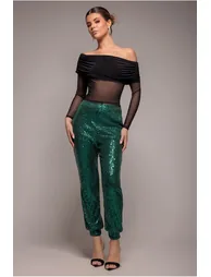 Goddiva Sequin Cuffed Ankle Trouser - Emerald