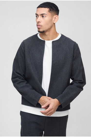Brushed Zip Through Collarless Jacket - charcoal