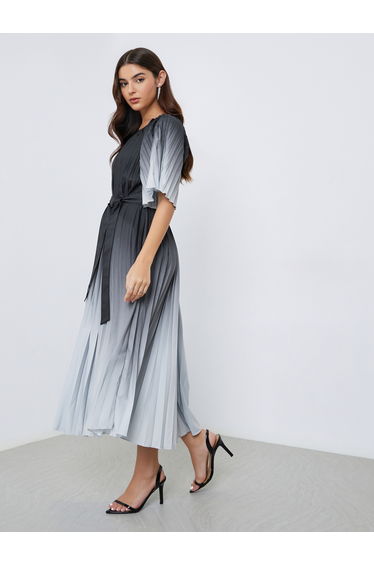 Ambre Print Pleated A-Line Midi Dress