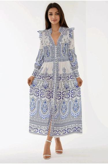 Printed V-Neck Maxi Dress with Ruffle Detail