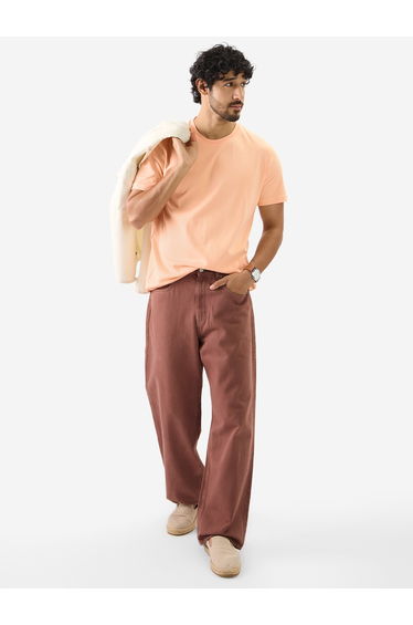 Men Peach Plain Interlock Cotton T-Shirt