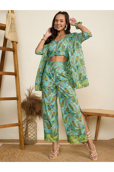 Women Green Paisley Print Kimono with Top and Trousers Co-Ords