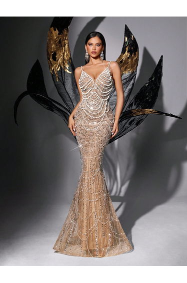 Gorgeous Temperament Sequin Beading V Neck Sleeveless Mermaid Hem Gown Dress