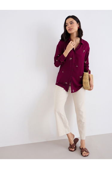 Burgundy Embroidered Spread Collar Shirt
