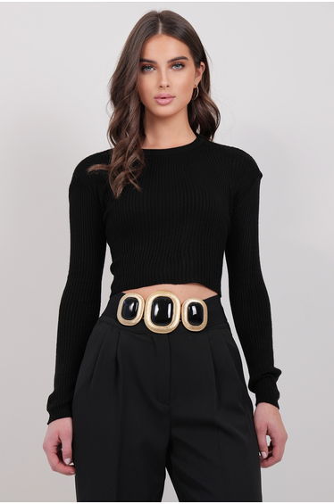 Women's Black Crew Neck Appliqued Floral Detailed Knitted Blouse