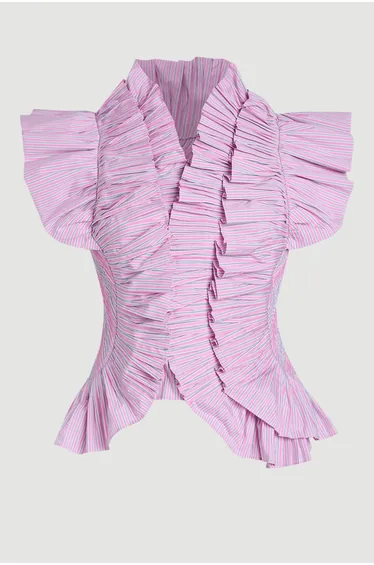 Plus Size Pleated Stripe Ruffle Sleeve Woven Top