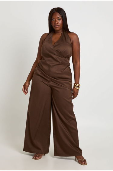Plus Woven Pleated Wide Leg Trouser - chocolate