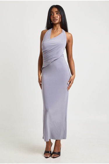 Slinky Halterneck Wrap Detail Maxi Dress - silver
