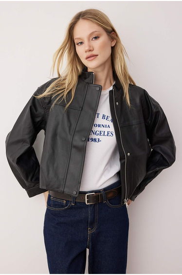 Black Oversize Mold Faux Leather Slim Jacket Coats