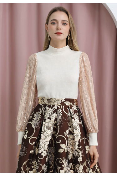 Sequin Mesh Sleeves Mock Neck Knit Top in Cream