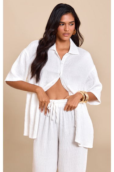 White Textured Woven Oversized Short Sleeve Shirt