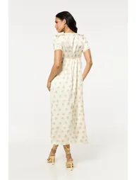 Yellow Floral V Neck Midi Dress - 5