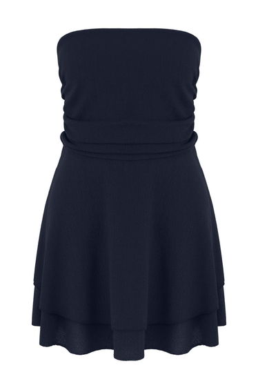 Navy Blue Strapless Skater/Waist Opening Ribbed Flexible Mini Knit