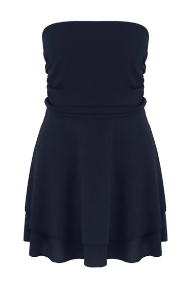 فستان قصير سترابليس محبوك مضلع بخصر بفتحات لون كحلي