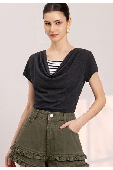 Stripe-Inset Draped Neck Short Sleeve Top in Smoke for Office Days & Coffee Dates