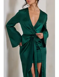 Patricia | Green Extreme Plunge Long Sleeve Maxi Dress With Tie Detail - 2