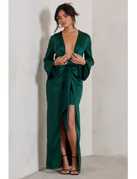 Patricia | Green Extreme Plunge Long Sleeve Maxi Dress With Tie Detail - 3