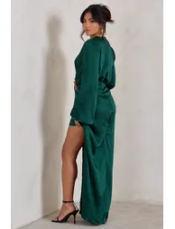 Patricia | Green Extreme Plunge Long Sleeve Maxi Dress With Tie Detail - 1