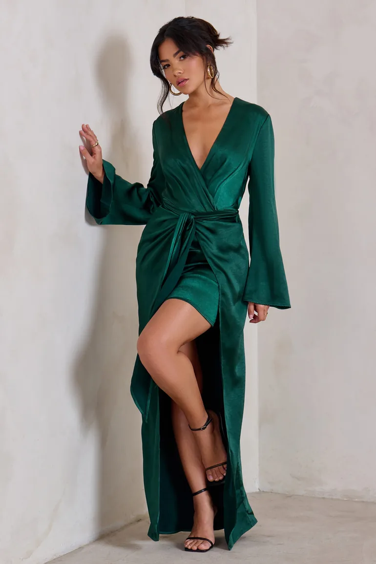Patricia | Green Extreme Plunge Long Sleeve Maxi Dress With Tie Detail