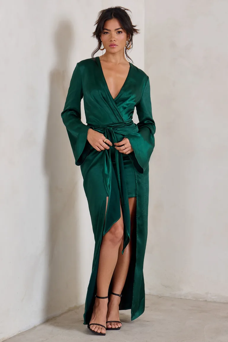Patricia | Green Extreme Plunge Long Sleeve Maxi Dress With Tie Detail - 4