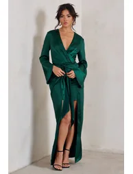Patricia | Green Extreme Plunge Long Sleeve Maxi Dress With Tie Detail - 4