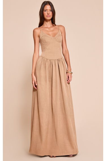 Taupe Woven Strappy Bust Detail Maxi Dress