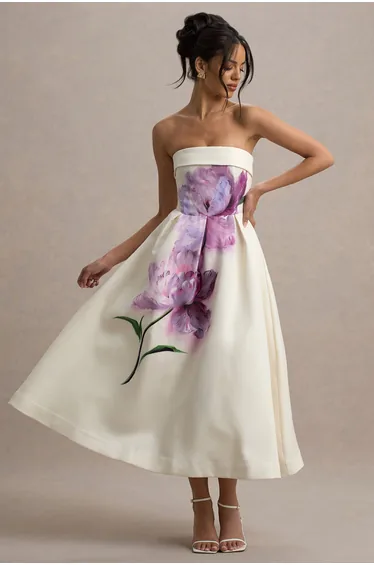 Annalise | Peony Floral Print Bandeau Skater Midi Dress