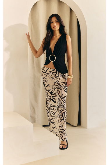 Monochrome Zebra Print Sheer Low Rise Maxi Skirt