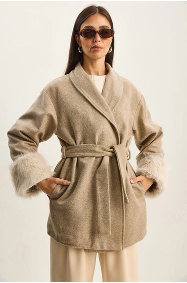 LUCCI Oversized Plush Jacket with Faux Fur Sleeve Detail
