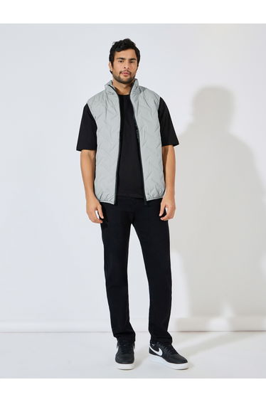 Diagonal Quilted Sleeveless Puffer Jacket with Welt Pockets