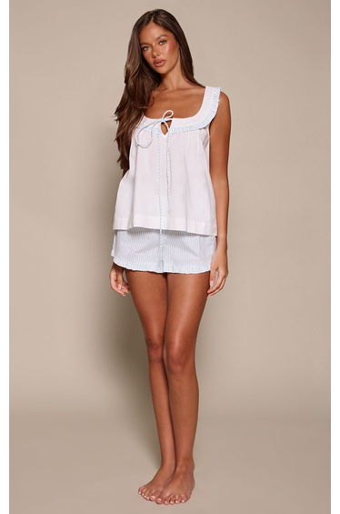 Baby Blue Stripe Tie Front Frill Pyjama Cami Top & Shorts