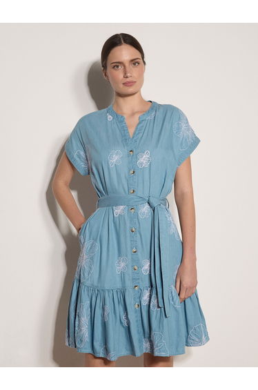 Cotton Blend Crochet Floral Denim Mini Dress