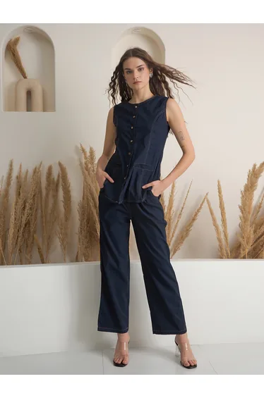Solid Buttoned Pure Cotton Top and Trousers Co-Ords